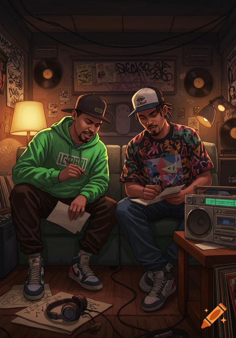Two men in a stylized illustration sit on a couch, writing in a cozy room with music equipment.