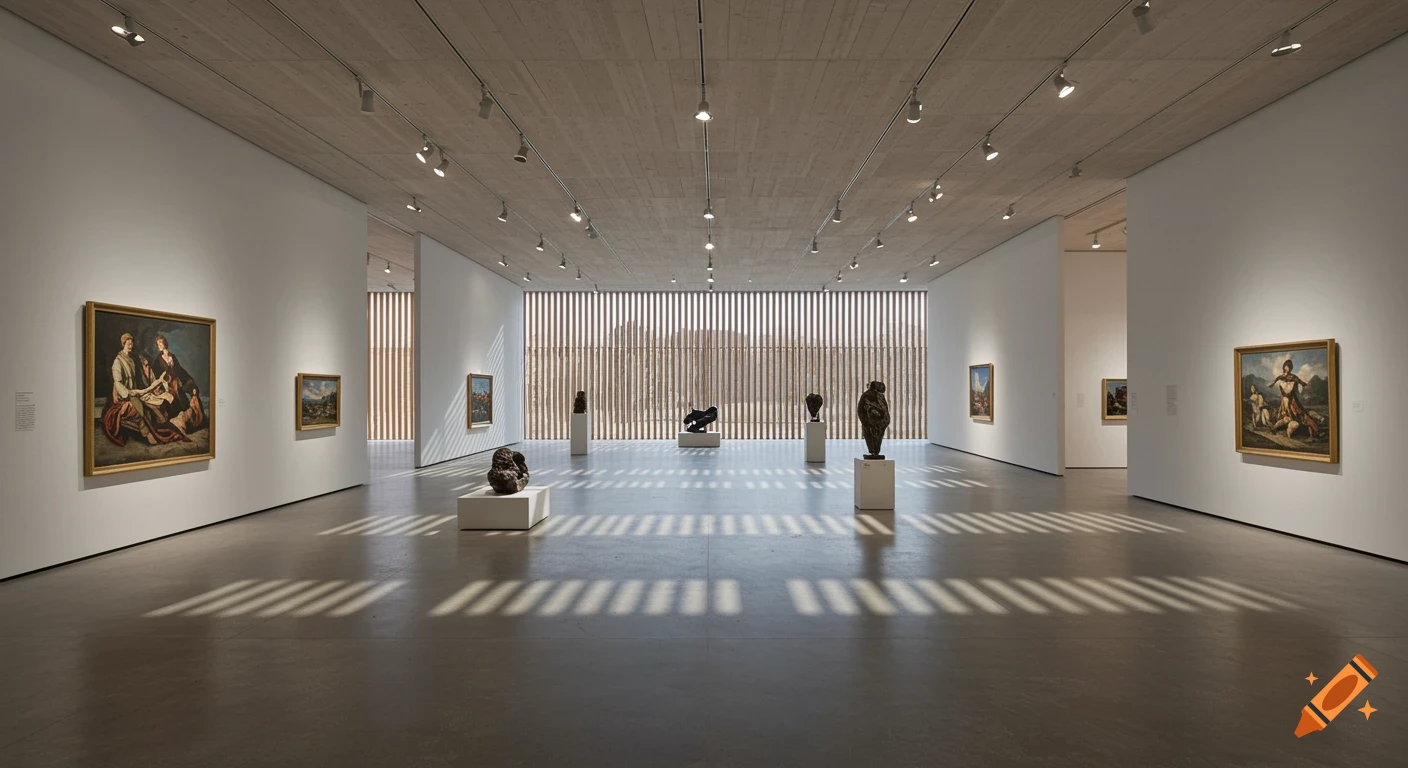 A modern, spacious art museum gallery with paintings and sculptures, natural light through wooden louvers creating shadows. Photorealistic.