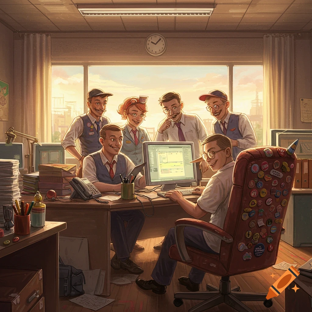 A group of smiling cartoon office workers gathered around a computer in a warm, sunlit office, with one man pointing at the screen.