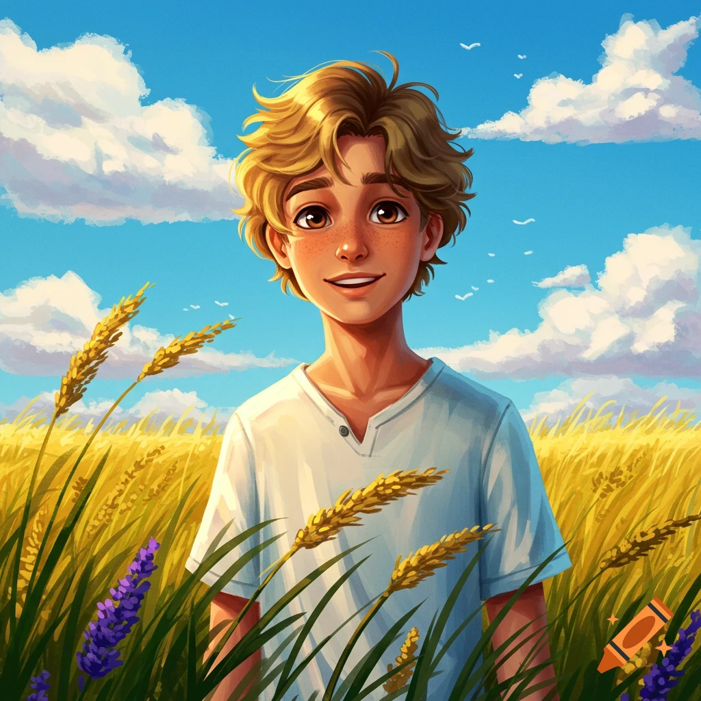 A smiling young boy with curly blonde hair and freckles stands in a golden field under a blue sky with fluffy white clouds, in an illustrative style.