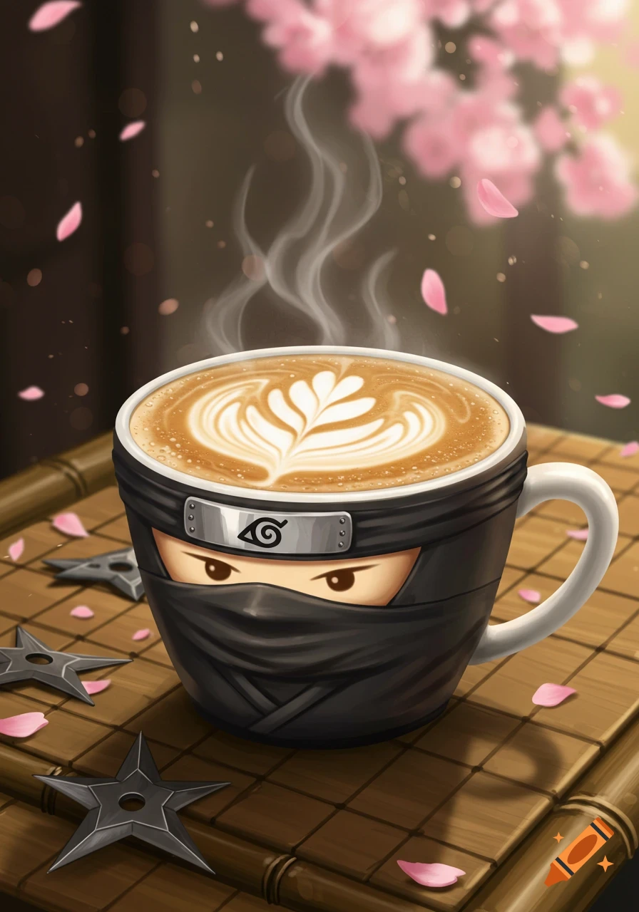 A ninja-themed cappuccino with latte art, steam, and a Konoha symbol headband, on a bamboo mat with shurikens and cherry blossom petals.