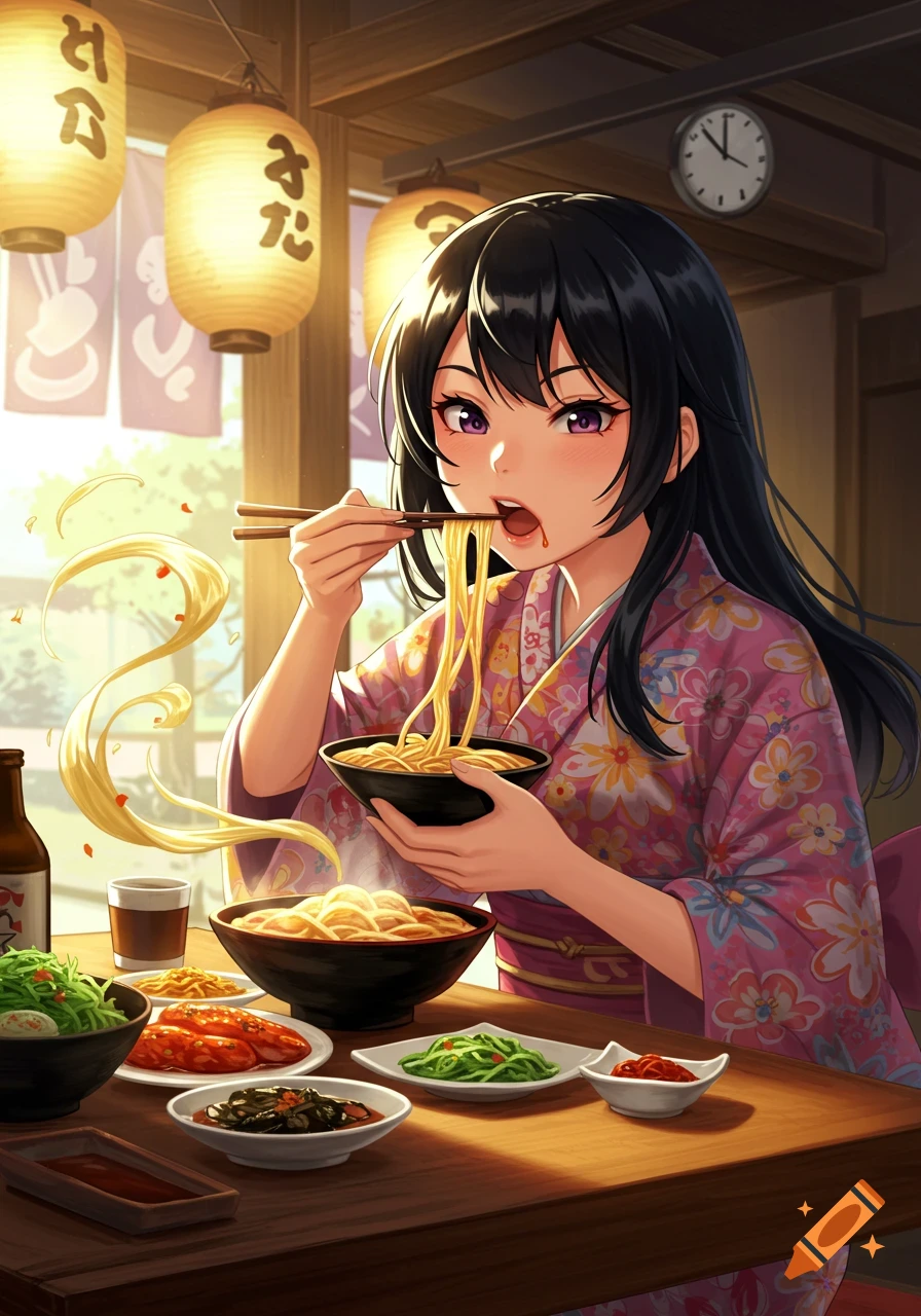 An anime girl in a pink floral kimono eats noodles with chopsticks at a wooden table in a Japanese restaurant.