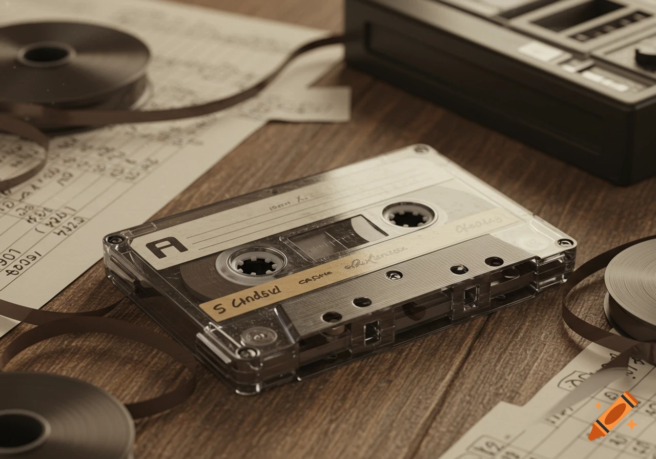 Photorealistic close-up of a cassette tape, loose magnetic tape, and a cassette player on a wooden surface.