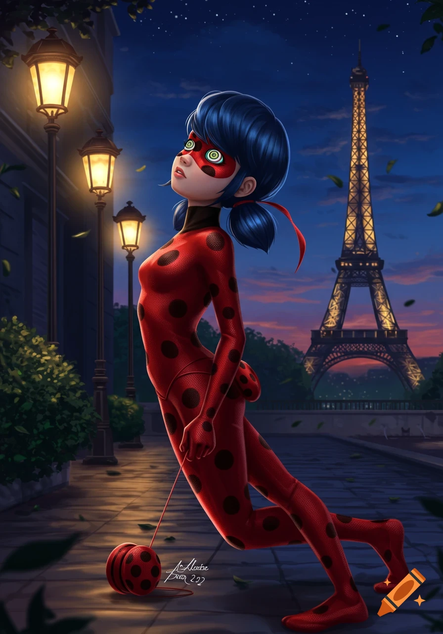 Ladybug, from Miraculous Ladybug, stands hypnotized on a Parisian street at night, with the Eiffel Tower in the background. Digital art.