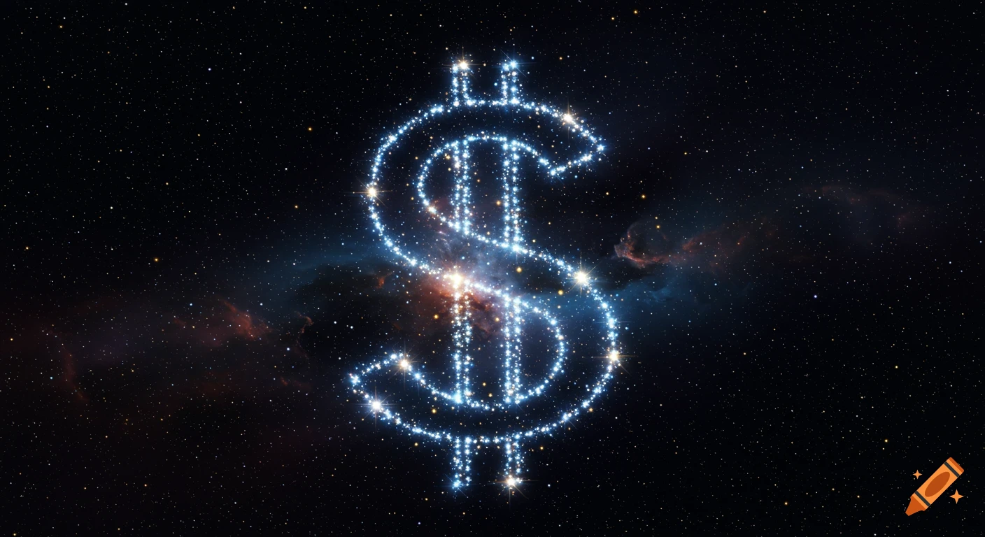 A bright, sparkling dollar sign formed by blue stars against a dark starry sky with colorful nebulae.