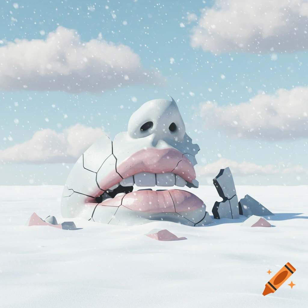 Shattered white sculpture of a human mouth and nose emerging from a snowy landscape with falling snow, conceptual digital art.