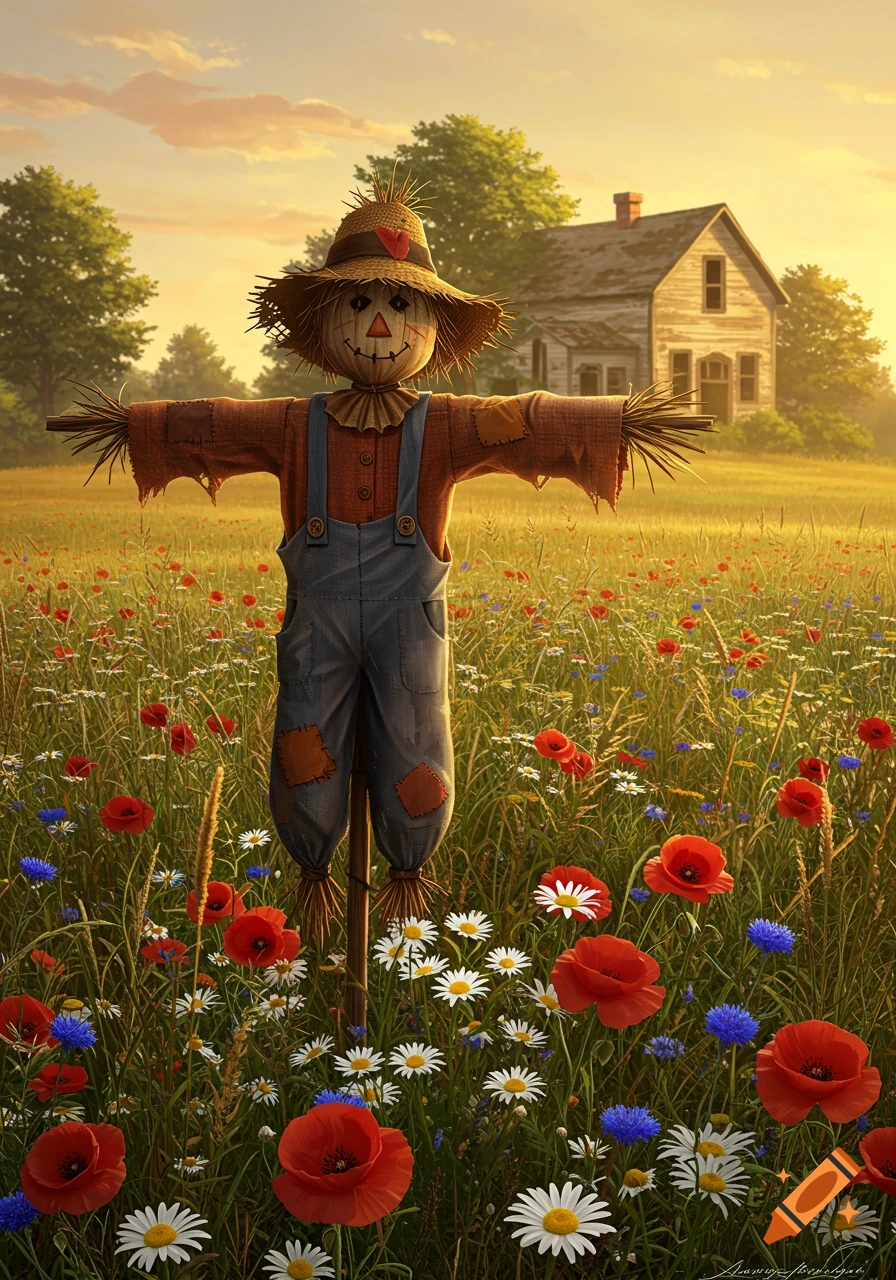 A scarecrow stands in a vibrant field of red poppies, white daisies, and blue flowers with an old farmhouse in the golden light of sunset.