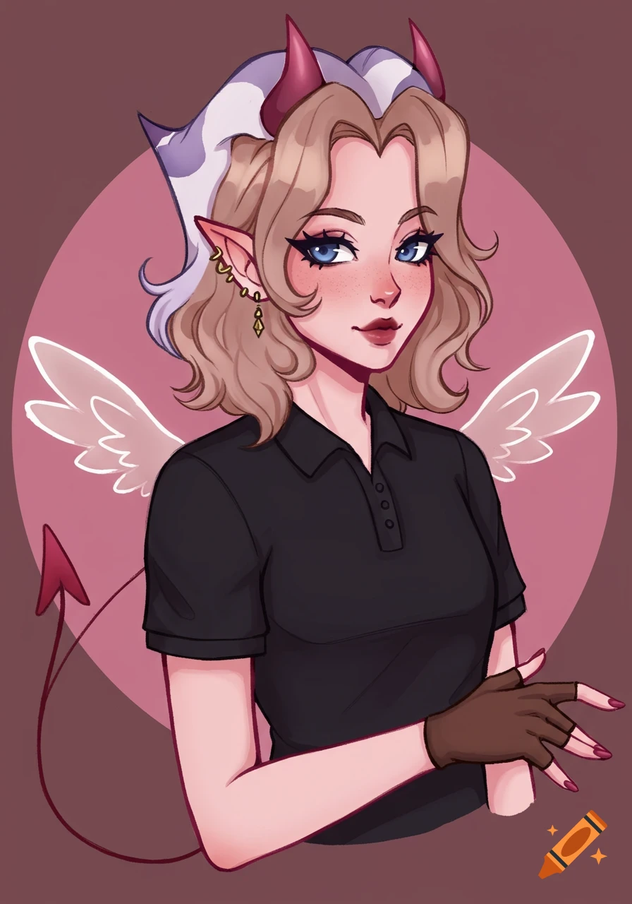 A cartoon illustration of a woman with blonde hair, red horns, elf ears, and blue eyes. She wears a black polo shirt, brown fingerless gloves, and has small white wings and a red demon tail.