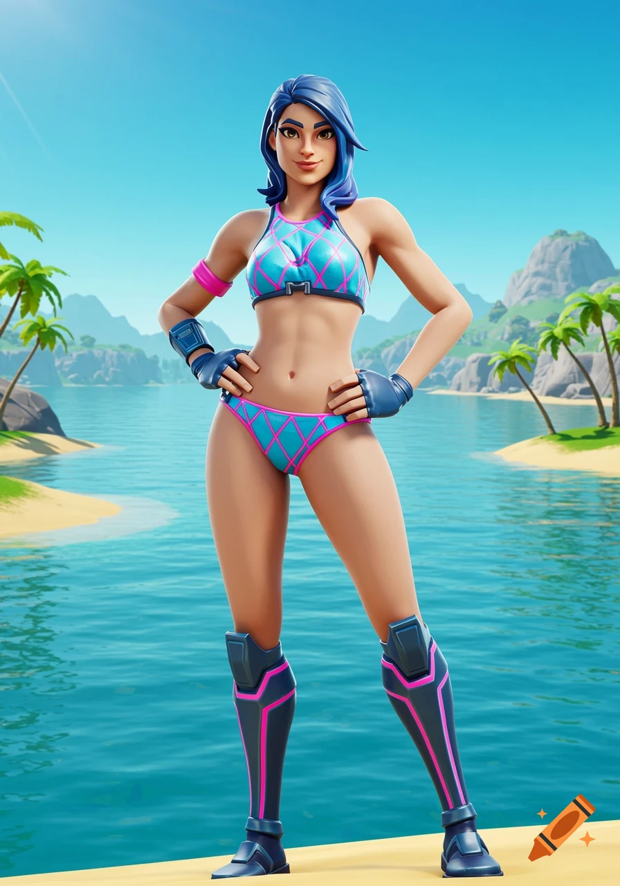 Fortnite character in a blue and pink bikini on a sandy tropical beach with palm trees and blue water, rendered in a stylized 3D art style.