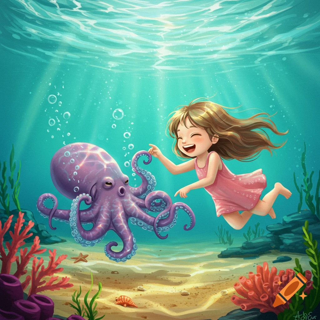 A smiling cartoon girl in a pink dress tickles a purple octopus underwater, surrounded by sunlight, bubbles, and colorful coral.