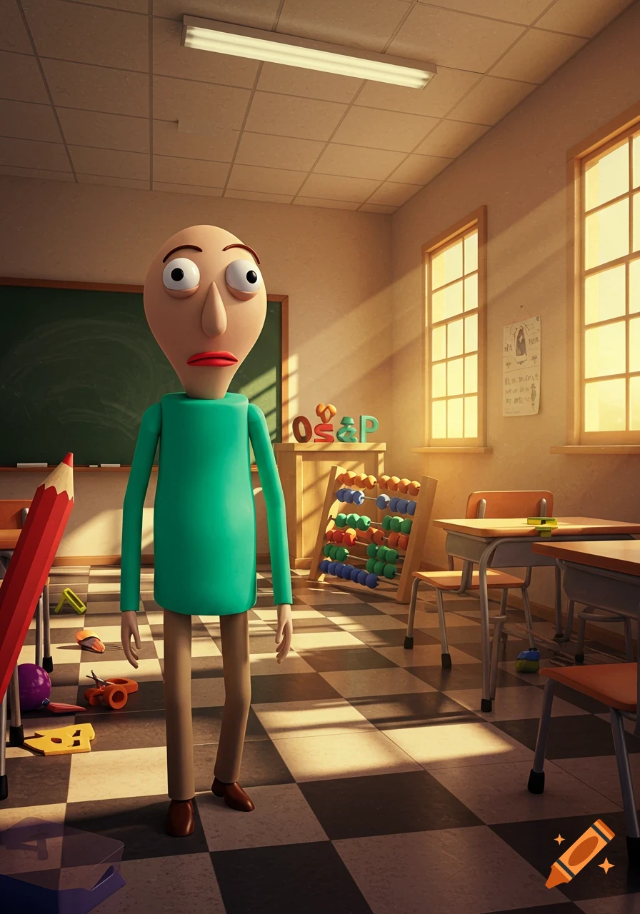 A 3D cartoon character, Baldi, with a bald head, large eyes, and a teal shirt, stands in a classroom with a checkered floor and sunny windows.
