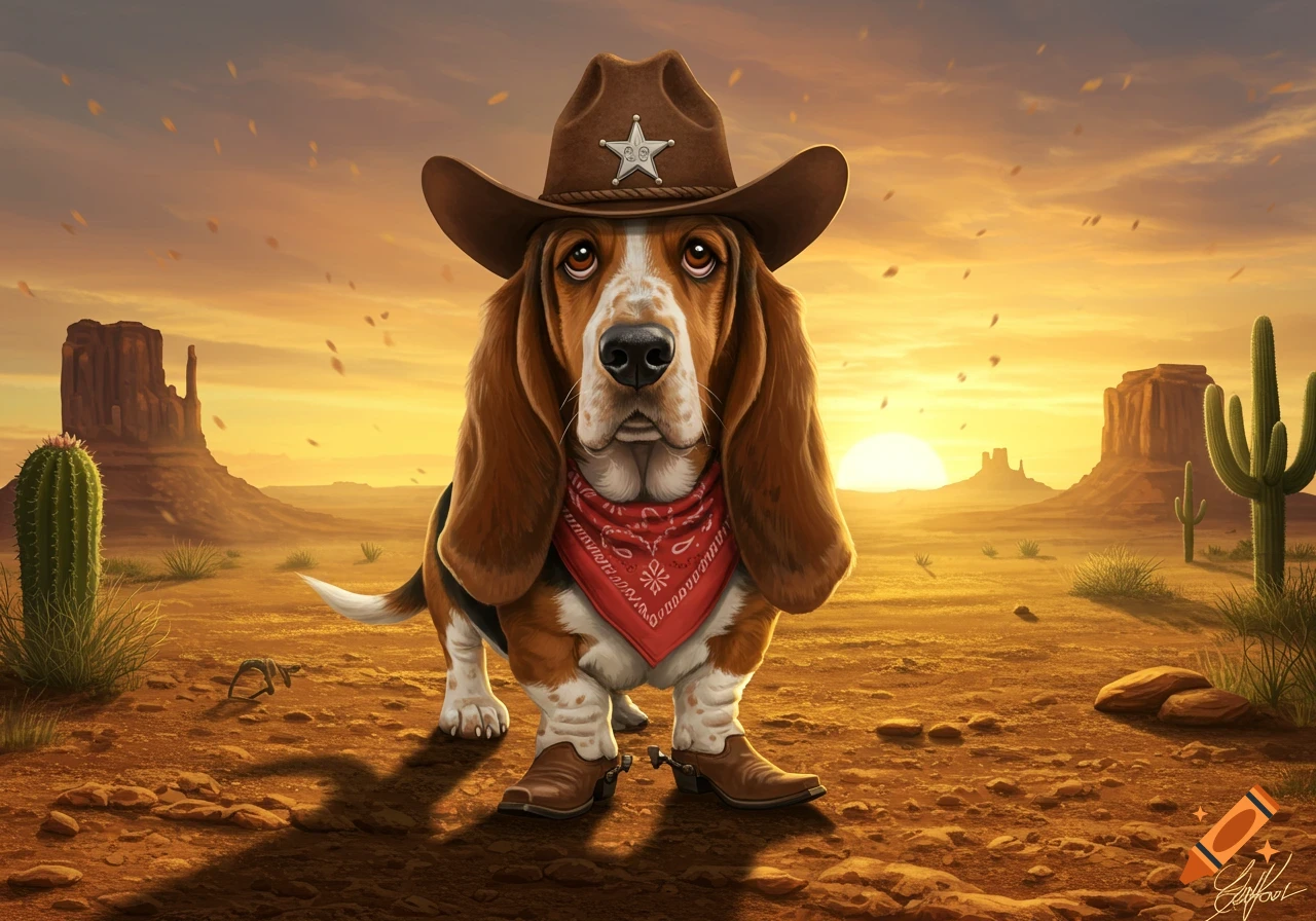 A basset hound wearing a cowboy hat, red bandana, and boots stands in a desert at sunset.