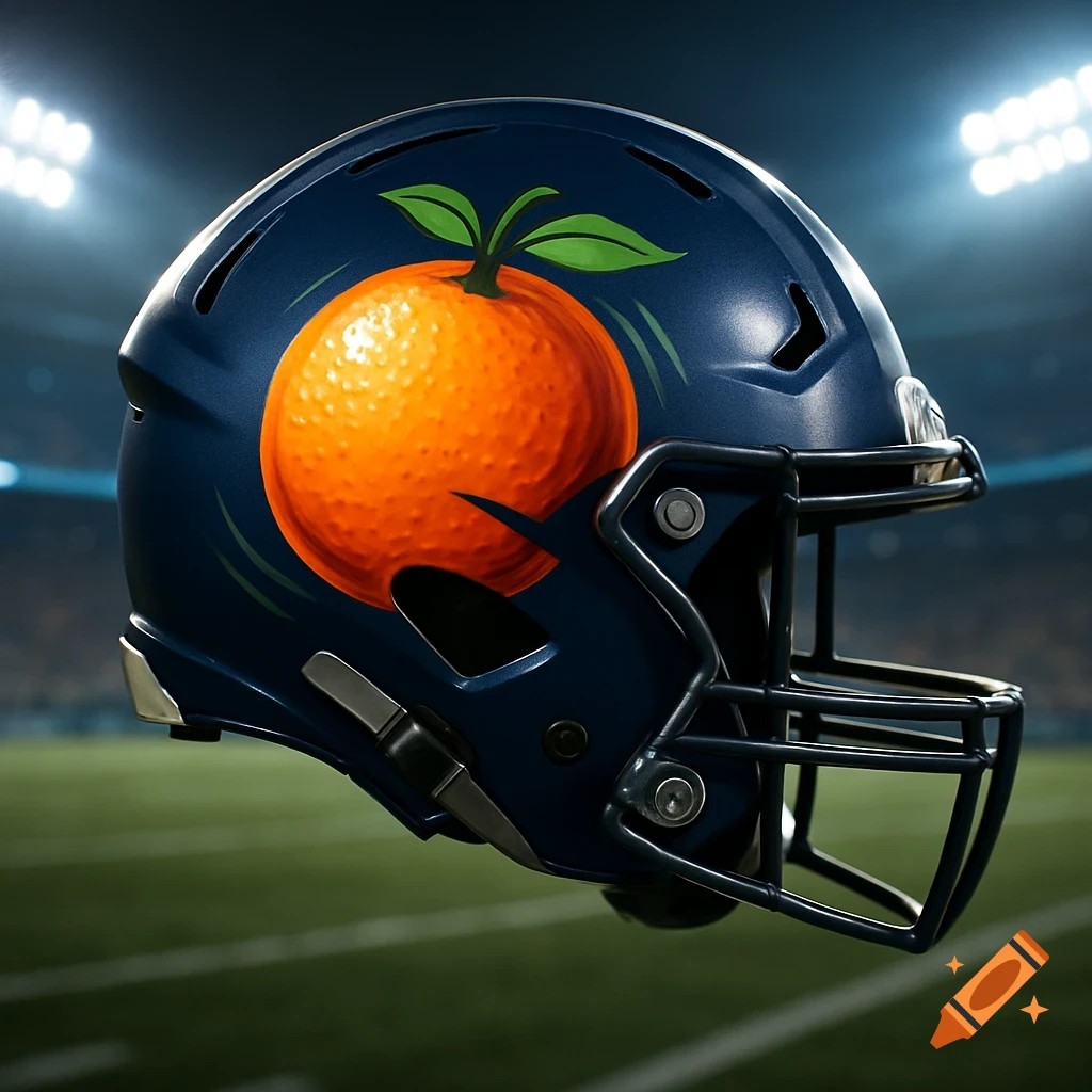 A dark blue football helmet with an orange fruit logo on its side, set against a blurred football field and stadium lights.