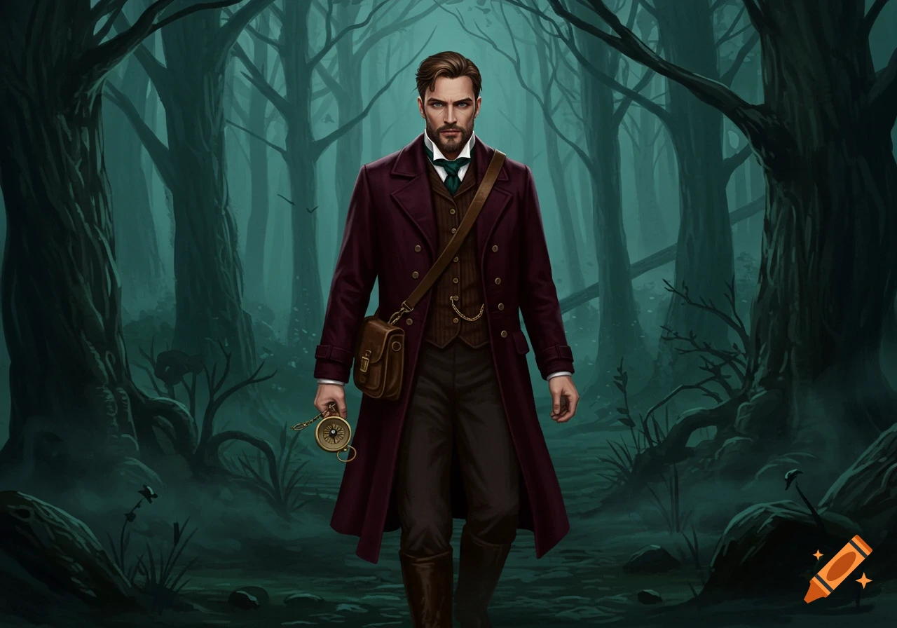 A handsome Victorian adventurer walks through a dark, misty forest, holding a compass. Digital painting.