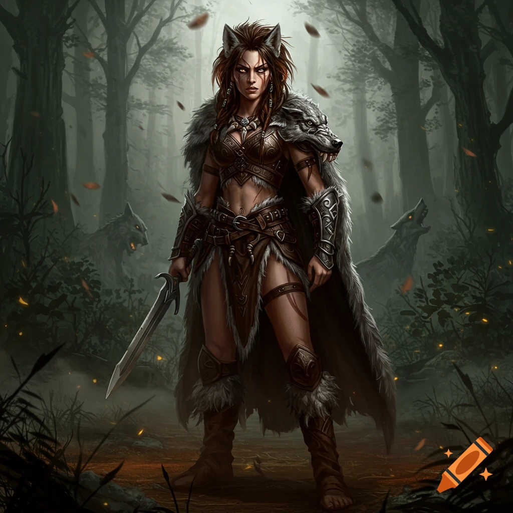 A fierce female barbarian with wolf ears and a fur cloak stands in a dark forest, holding a sword. Two wolves lurk in the background. Digital art.