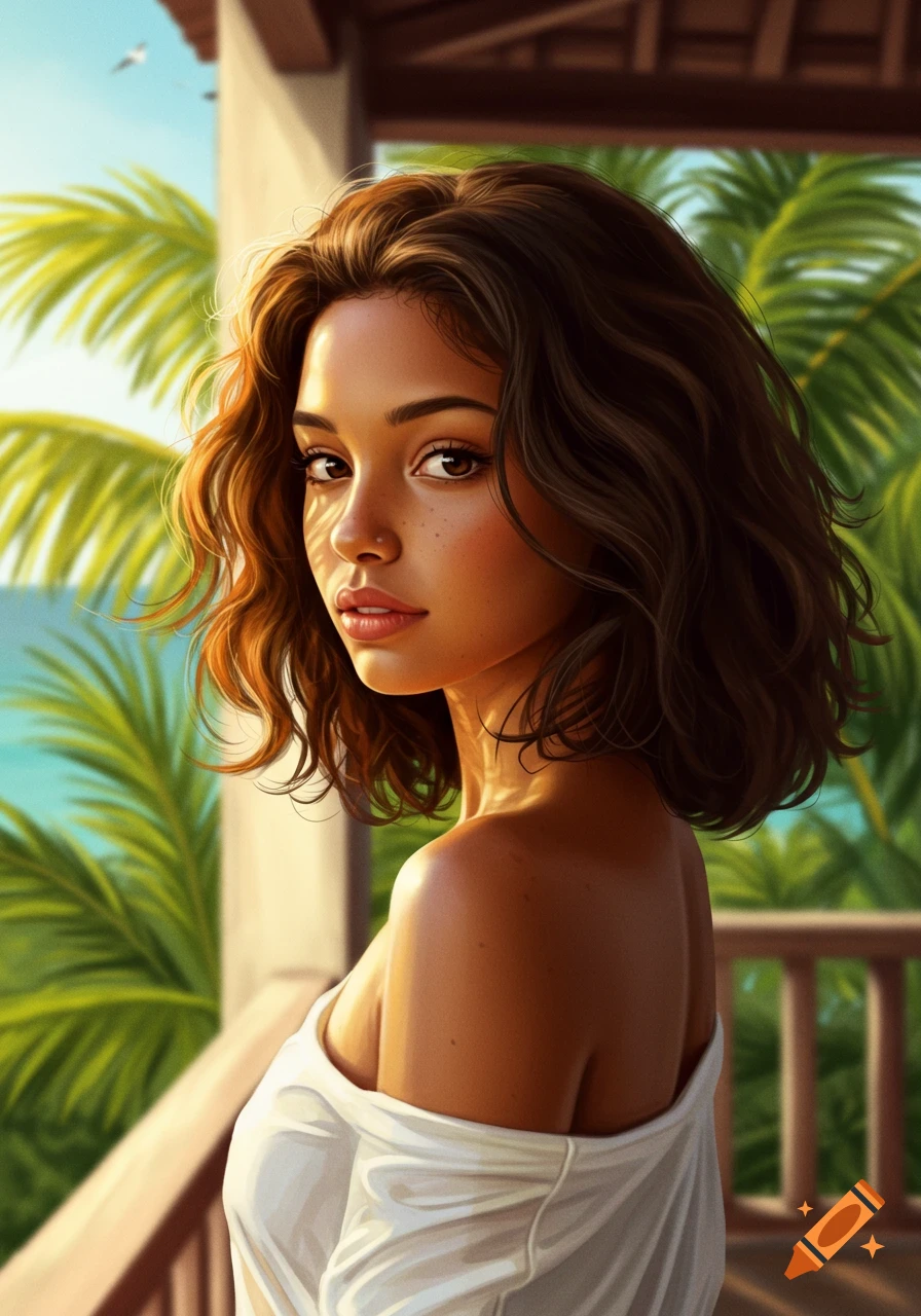 A beautiful young woman with dark wavy hair looks over her shoulder on a tropical balcony at sunset. Digital painting.