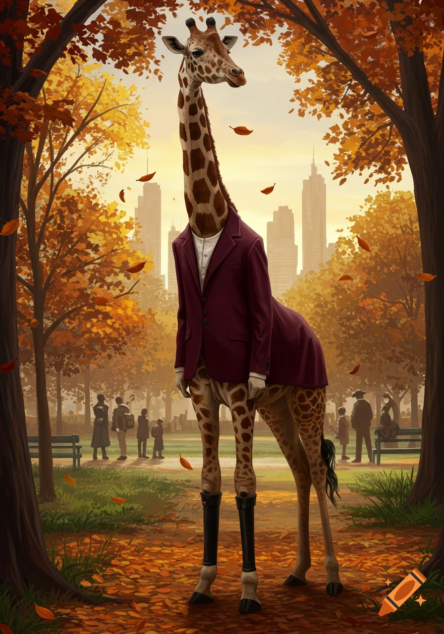 A giraffe in a maroon suit and black boots stands on a leaf-covered path in an autumn park with city buildings in the background.