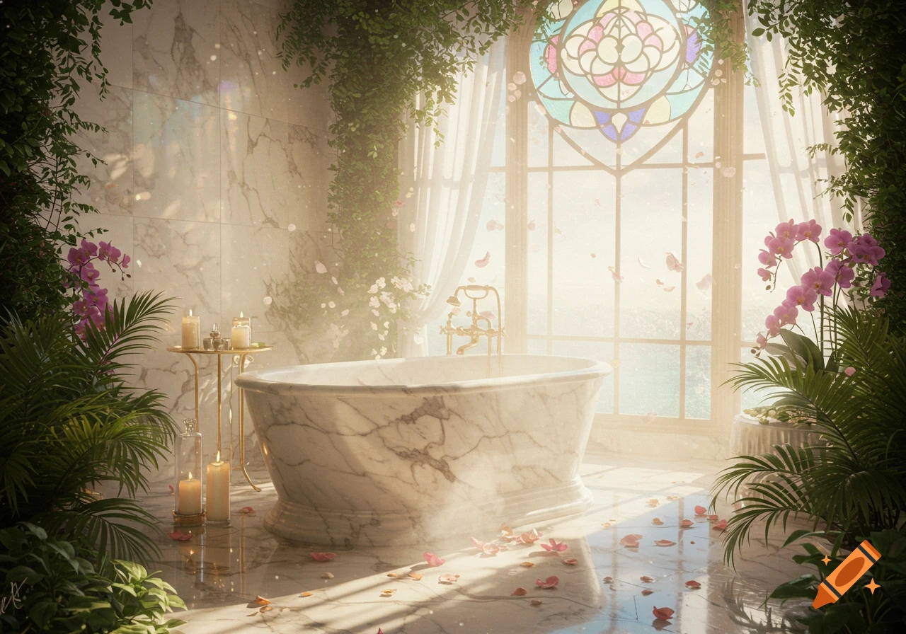 A serene, ethereal bathroom with a marble bathtub, surrounded by lush green plants, pink orchids, and falling flower petals. Sunlight streams through a stained glass window, illuminating the scene.