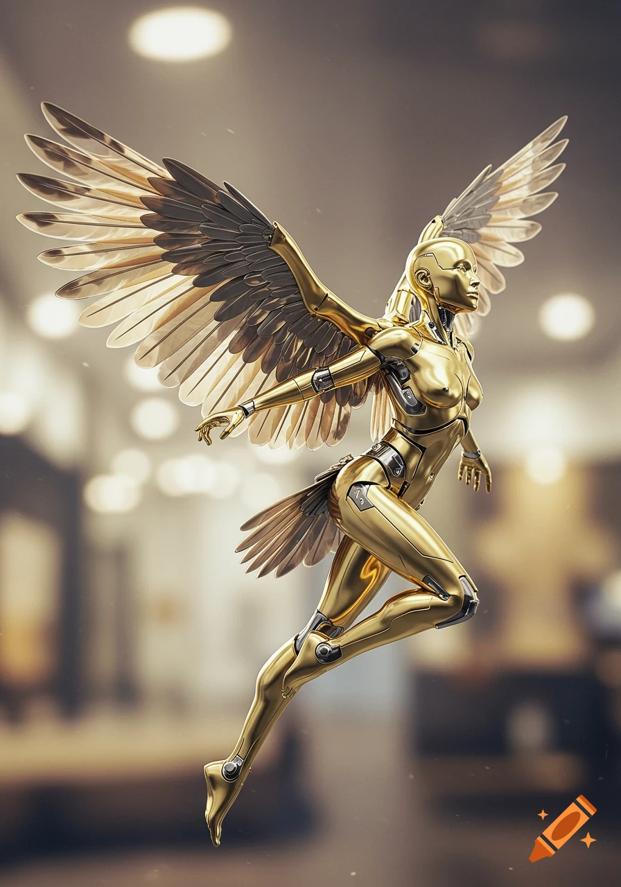A highly detailed, polished golden robotic angel with large wings soaring in mid-air.