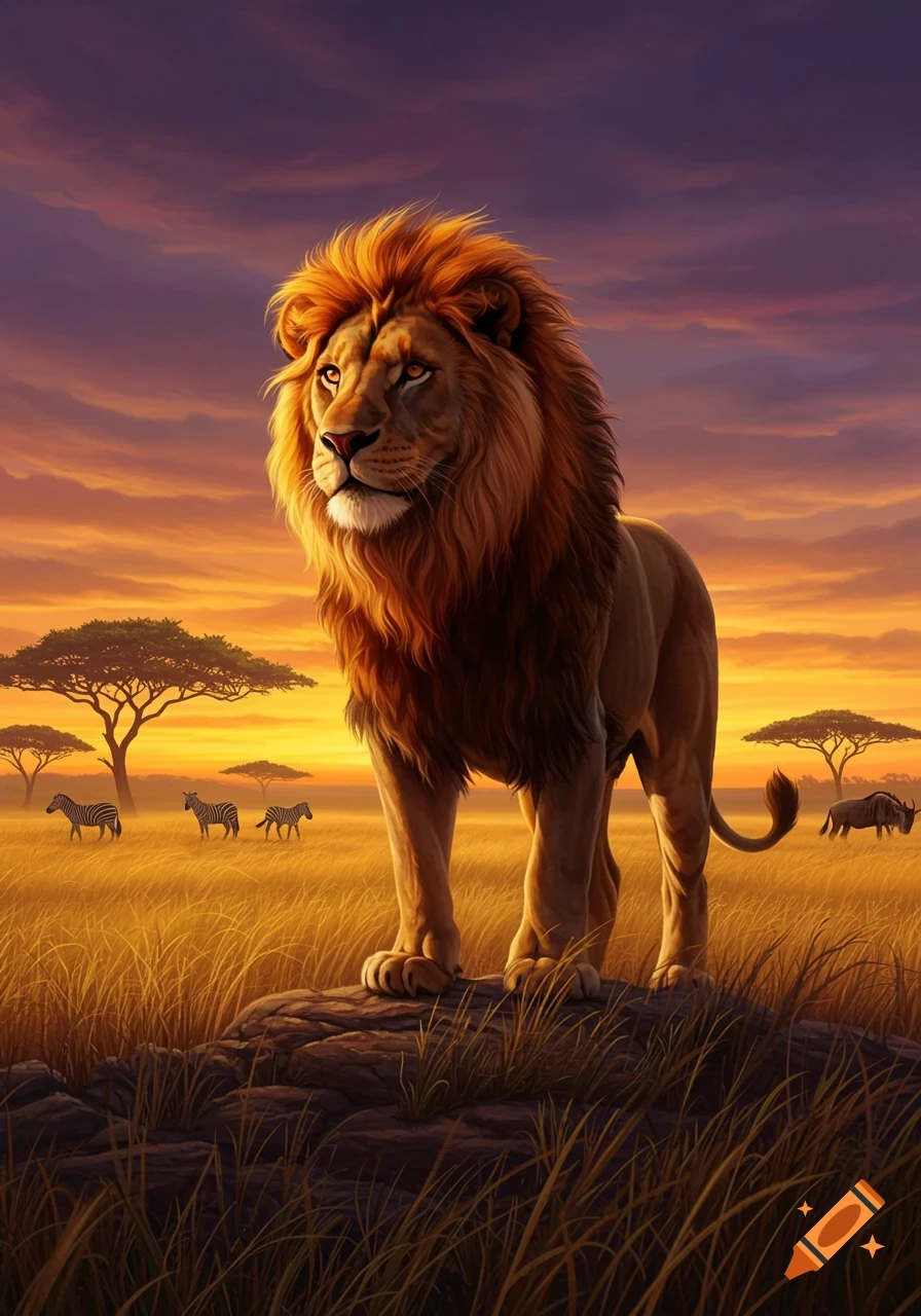 A majestic lion stands on a rocky outcrop in a golden savanna at sunset, with zebras and a wildebeest in the background.