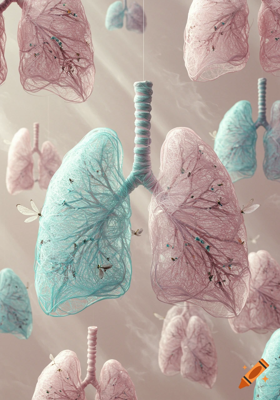 Whimsical illustration of floating teal and pink lung-like structures resembling cocoons, with moths and butterflies flitting around them.