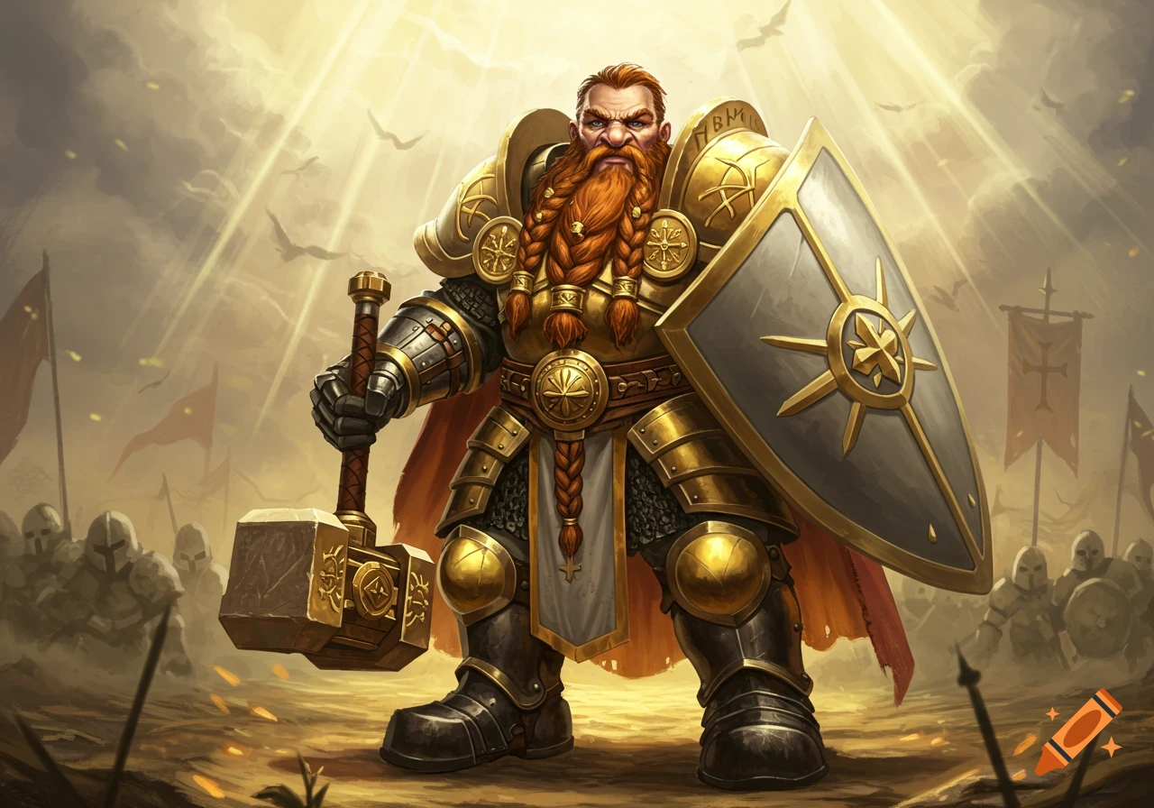 A powerful dwarf holy paladin in golden armor holds a large warhammer and shield on a battlefield.