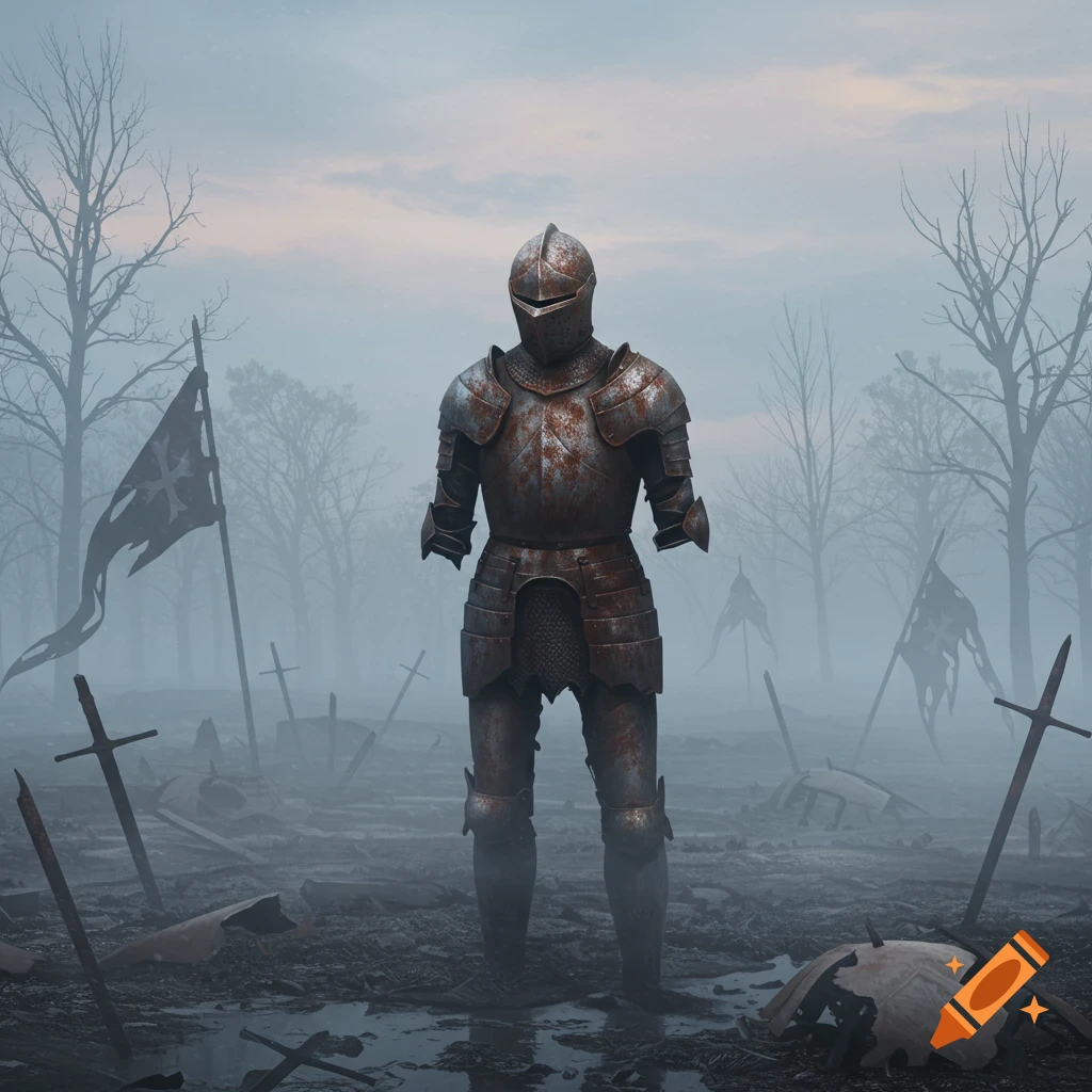 A rusty, empty suit of knight's armor stands amidst a foggy, desolate battlefield littered with broken swords and tattered flags.