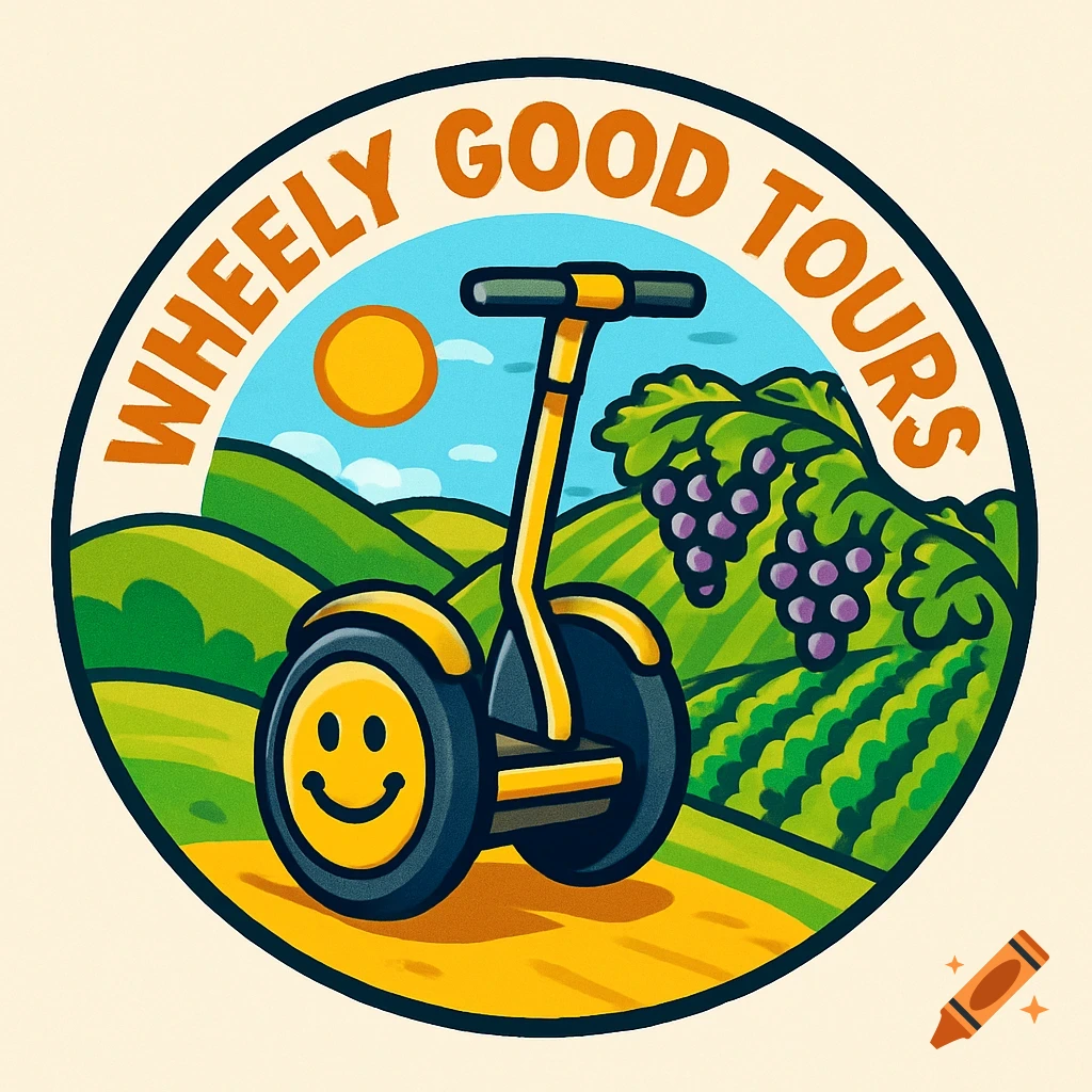 A round cartoon logo with a yellow Segway with a happy face on its wheel, green hills, vineyard, and text 'WHEELY GOOD TOURS'.