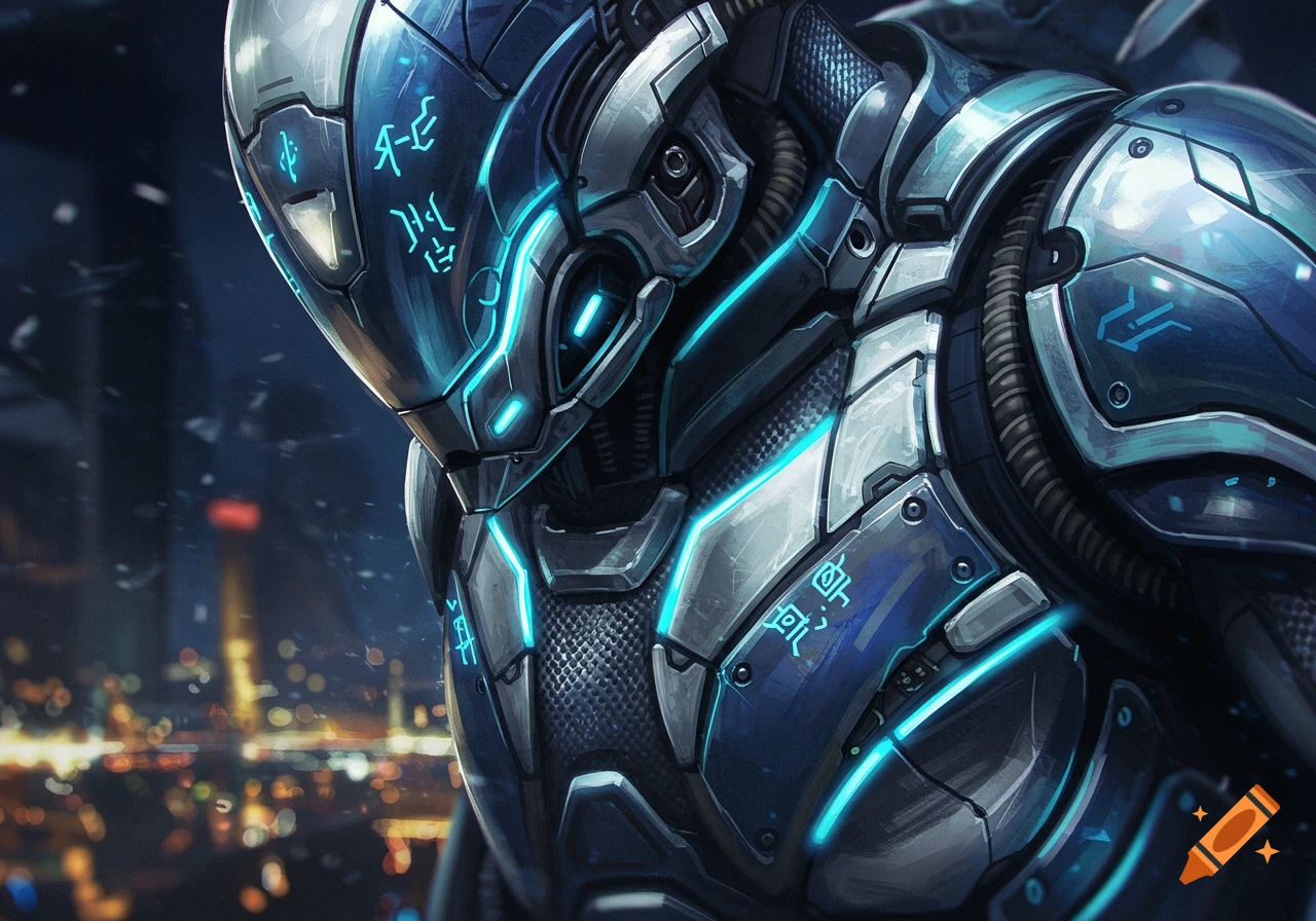 Close-up of a blue and silver futuristic metal sci-fi armor suit with glowing cyan accents and symbols, against a blurred city lights background.