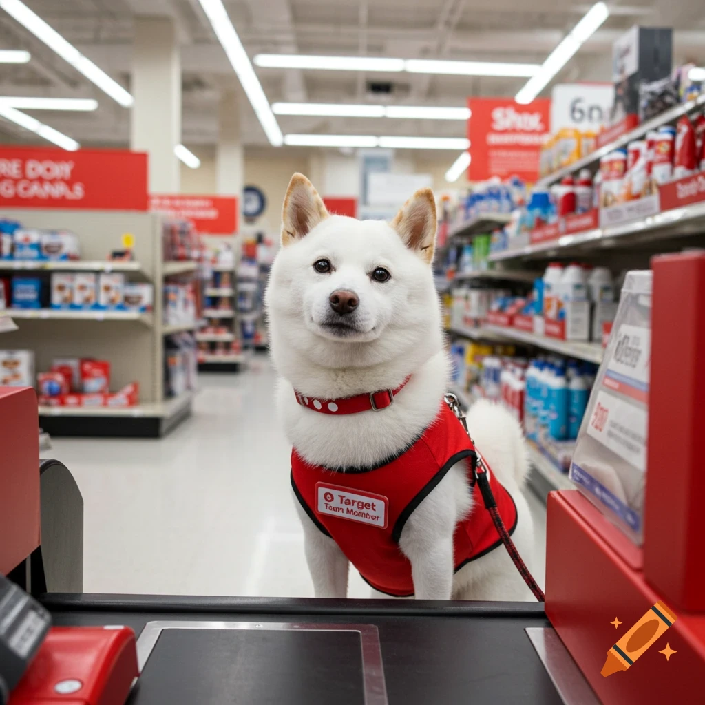 A white Shiba Inu wearing a red "Target Team Member" vest stands at a checkout counter in a supermarket, looking forward.