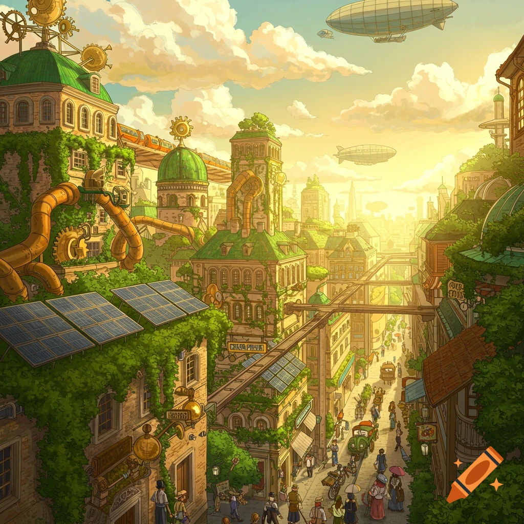A vibrant, detailed cityscape blending steampunk and solarpunk styles, with ornate buildings, lush greenery, solar panels, airships, and bustling streets.