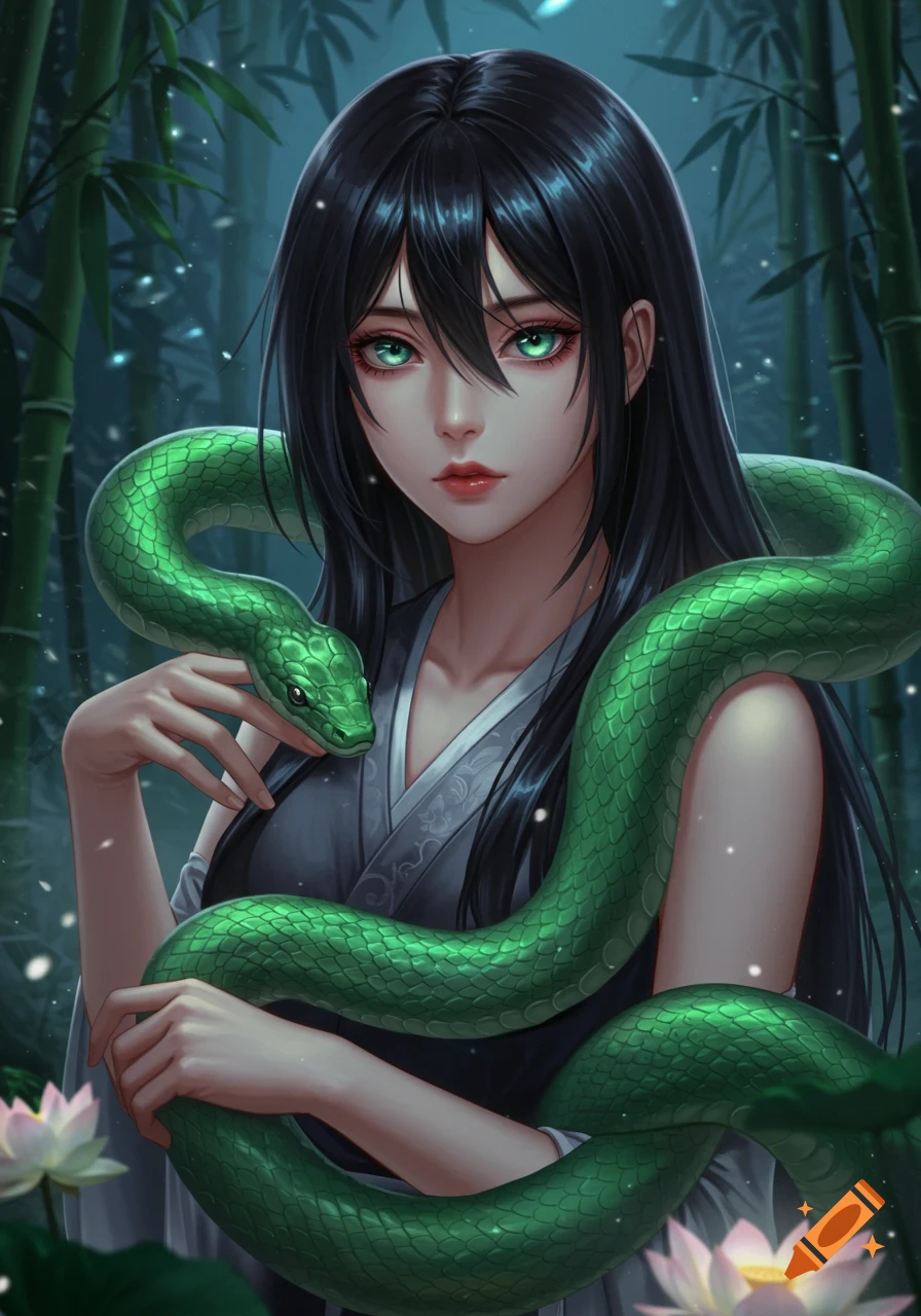 Anime girl with long black hair and green eyes, holding a green snake in a bamboo forest.