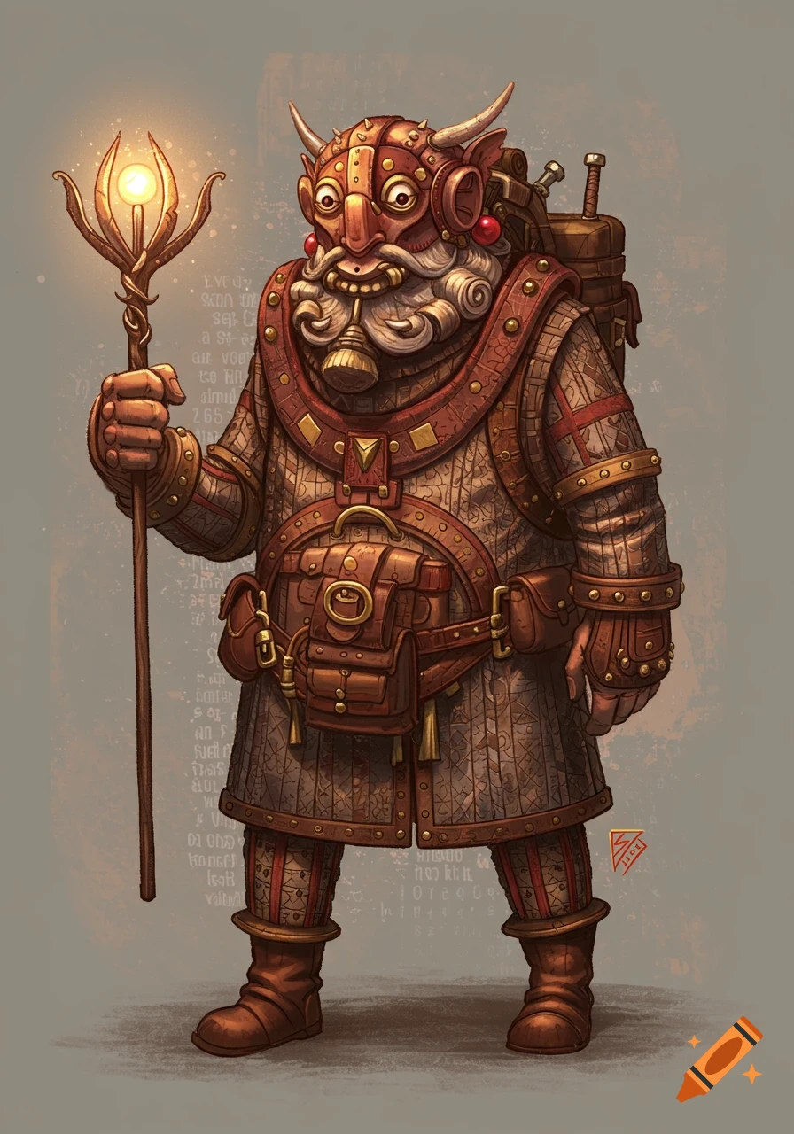 A stylized steampunk dwarf or gnome character in elaborate armor holds a glowing staff. The illustration has a detailed, textured look.