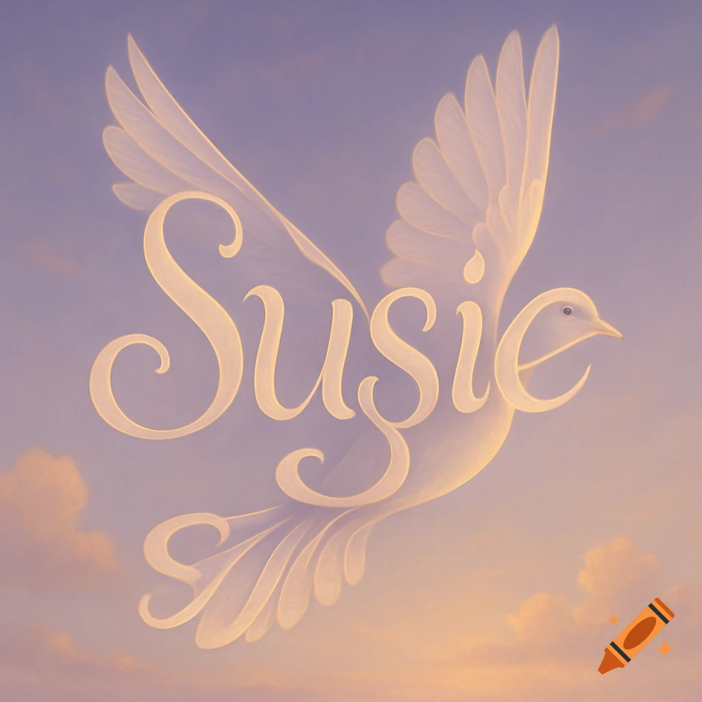 The word 'Susie' in elegant script forms the body of a white dove with outstretched wings, flying against a pastel sky with clouds.