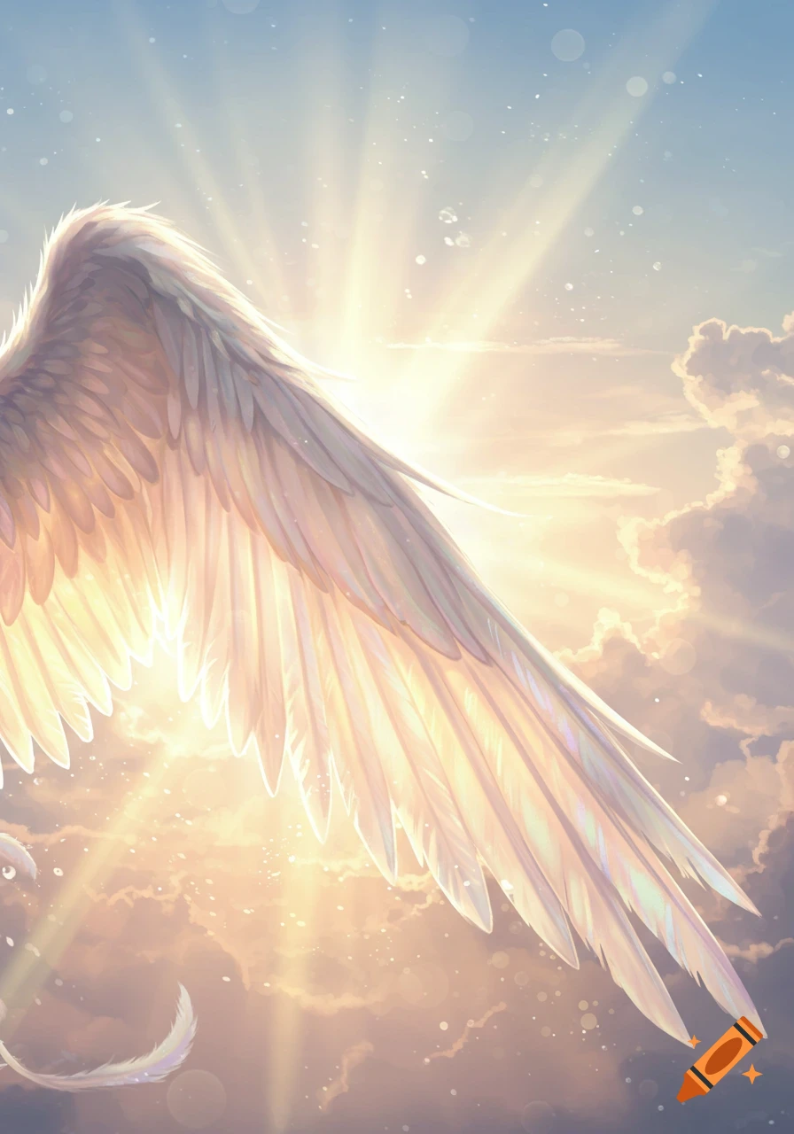 A majestic white angel wing stretches across a bright, ethereal sky with golden sun rays and soft clouds.