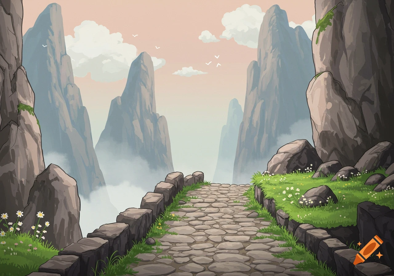 A winding stone path leads through a mystical mountain pass with tall peaks and misty valleys in a Studio Ghibli style.