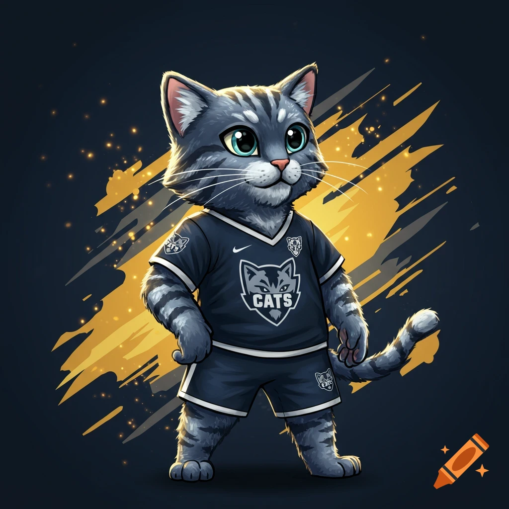 A cartoon gray tabby cat mascot wearing a dark blue sports uniform with 'CATS' on the chest, standing against a dark background with gold streaks.