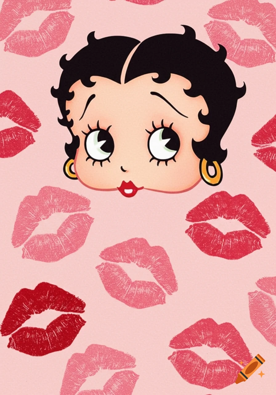 Cartoon illustration of Betty Boop's face on a pink background surrounded by red and pink kiss marks.