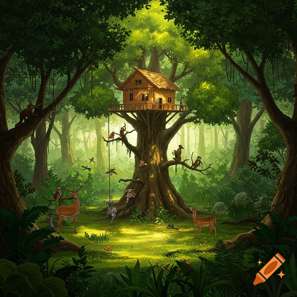 A vibrant illustration of a treehouse in a lush forest, surrounded by monkeys and deer in a sunlit clearing.