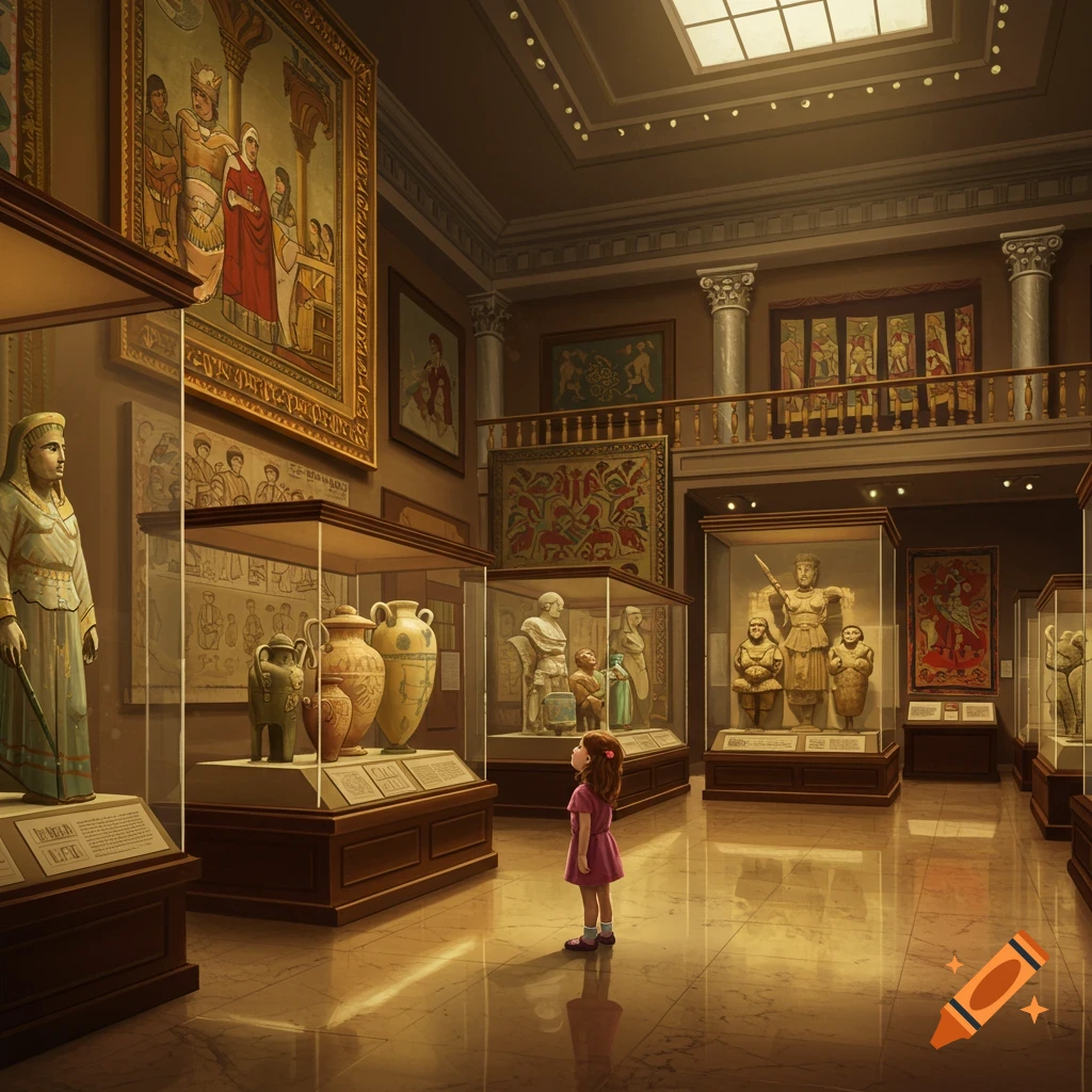 A young girl in a museum looking up at ancient artifacts and large paintings in display cases.