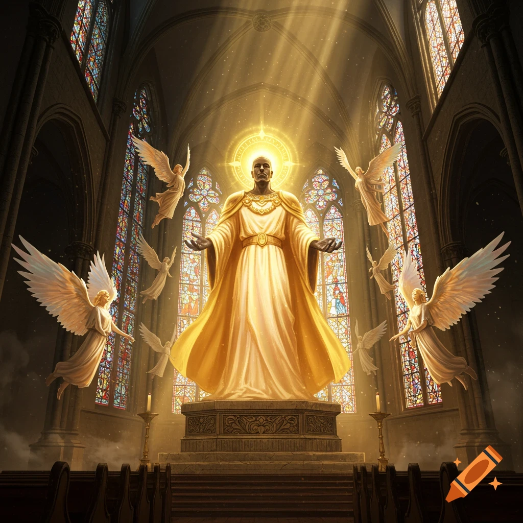 A luminous figure in golden robes stands in a grand church, surrounded by floating angels and sunbeams streaming through stained glass windows.