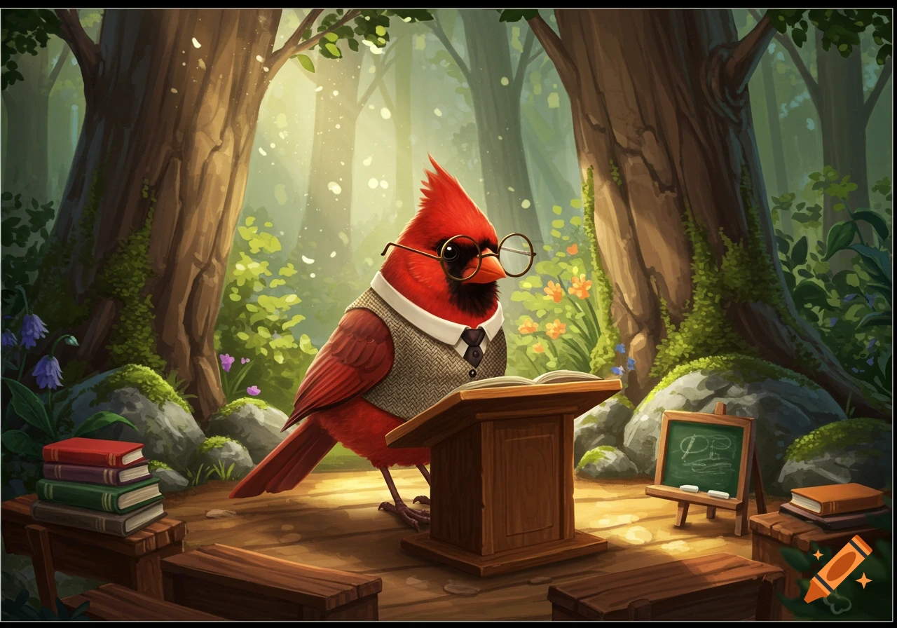 A cute red cardinal wearing a vest and glasses stands at a podium in a sunlit forest, surrounded by books and a chalkboard, acting as a teacher.