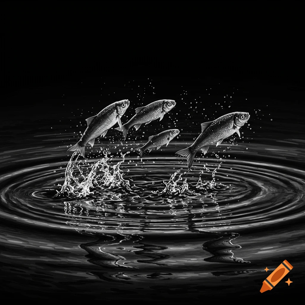 Four fish leap out of dark water, creating splashes and ripples, in black and white.
