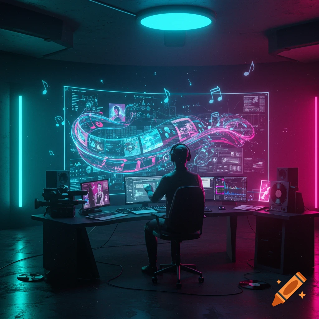 A person in headphones works in a futuristic, neon-lit media studio with large screens displaying abstract data and musical notes.