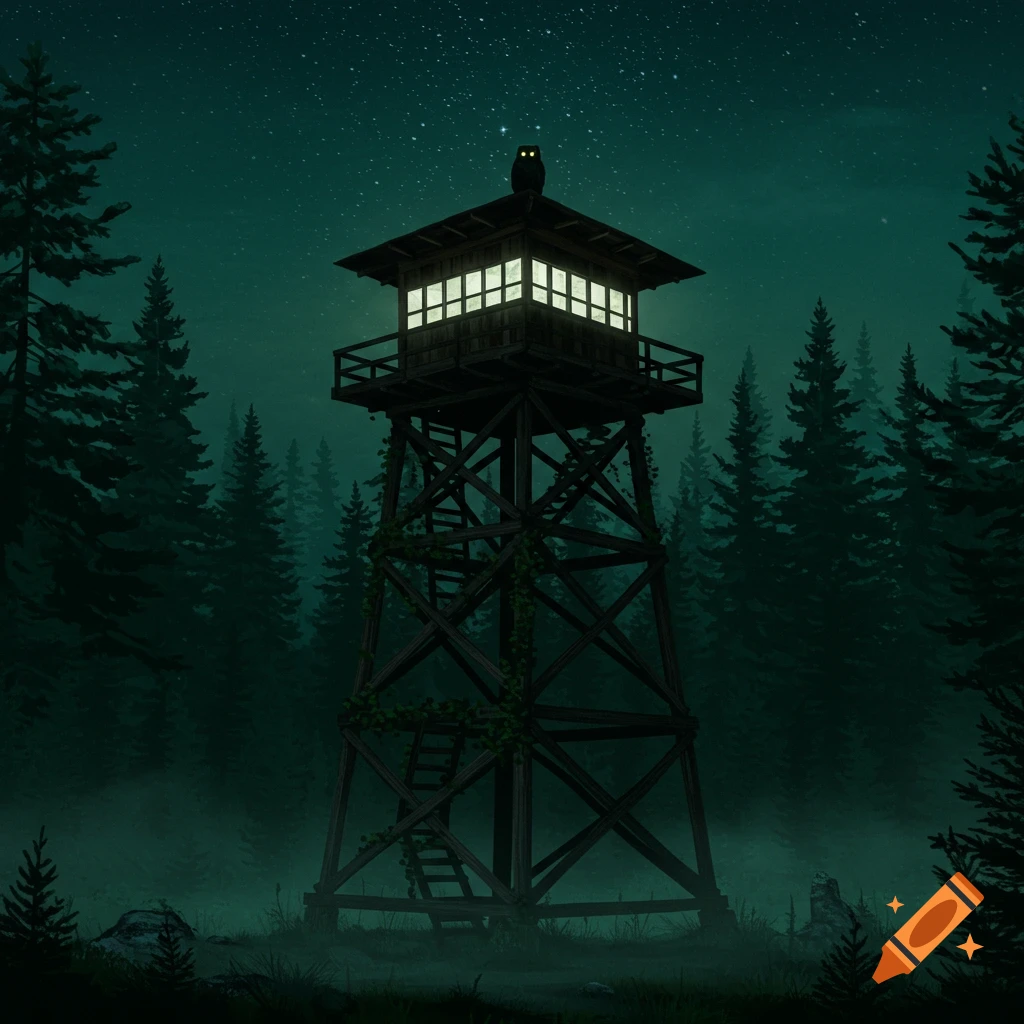 An illuminated fire lookout tower in a dark, misty forest at night, with an owl perched on top under a starry sky.