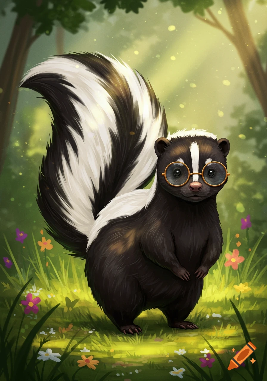 A cute skunk wearing round glasses stands in a sunny, green meadow with flowers in an illustration style.