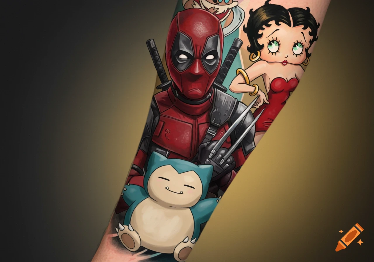 A colorful tattoo on an arm featuring Deadpool holding Wolverine claws, Betty Boop, and Snorlax.