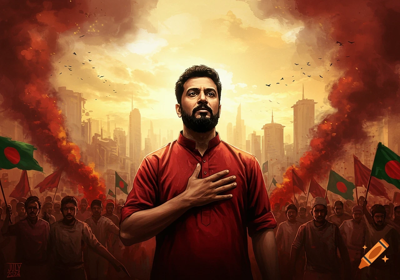 Illustration of a man in a red shirt with his hand on his chest, standing before a crowd with Bangladeshi flags in a burning city.