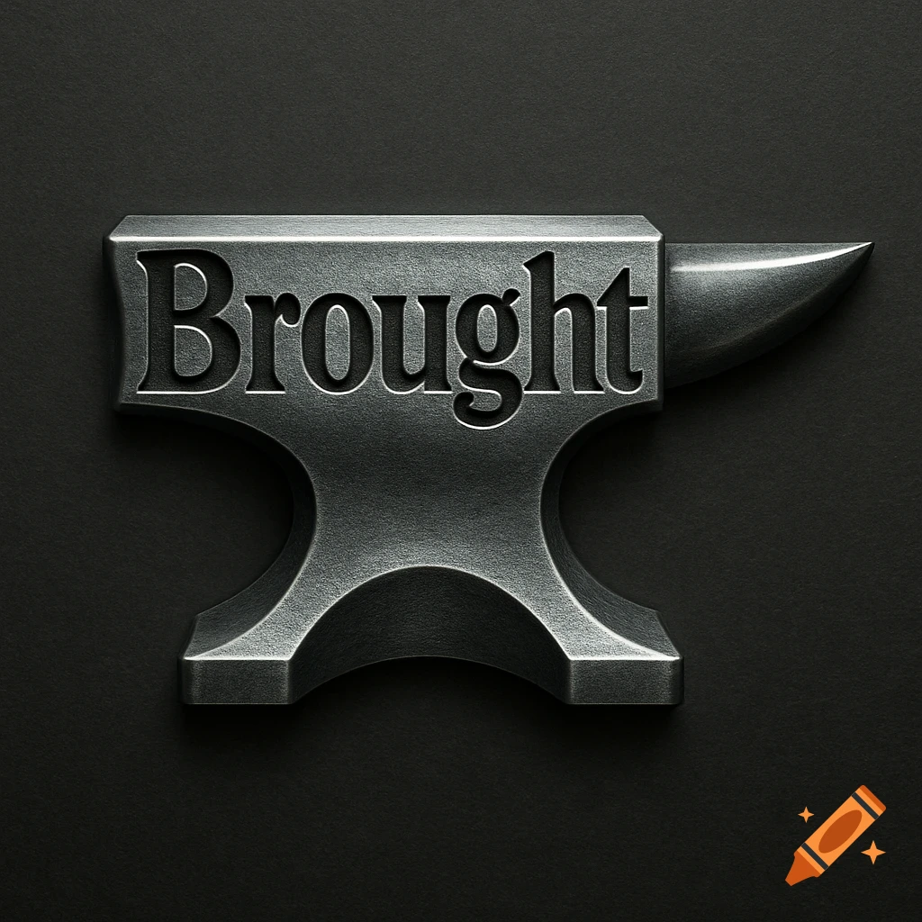 A metallic anvil with the word 'Brought' embossed on its surface, set against a dark background.