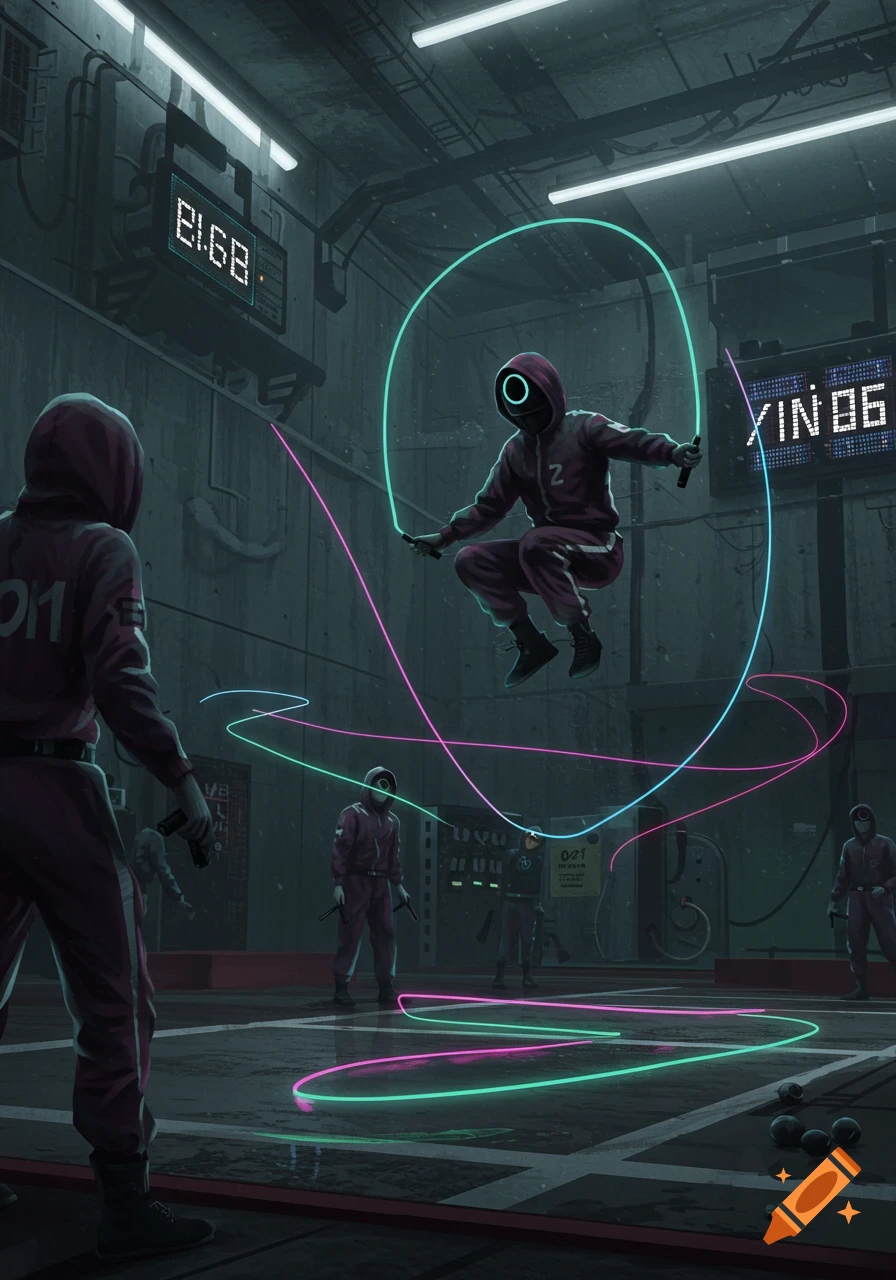 A character in a Squid Game uniform jumps rope with glowing neon ropes in a dark, concrete room, surrounded by other uniformed figures and digital displays.